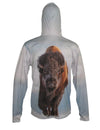 Bison graphic wildlife sun protective hoodie.  Wear an image from Yellowstone National Park. Back view.