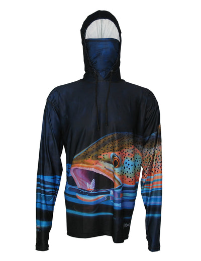 Brown Snack Sunpro Hoodie fishing clothes are a great representation of a Brown Trout rising to a trico in a back eddy on a spring creek.
