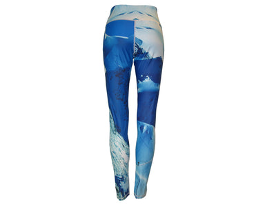 Making Tracks mountain image on a graphic yoga legging. Great for climbing, skiing, snowboarding, base layer, winter sports. Back view