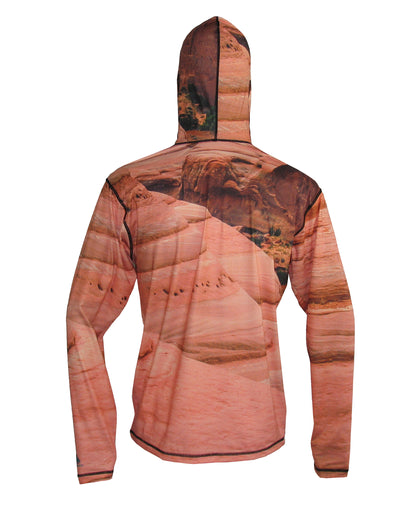 Slick Rock UPF50 SunPro Mountain Graphic Hoodie shows a mountainbiker near Moab and Arches National Park. Canyonlands on this back view.