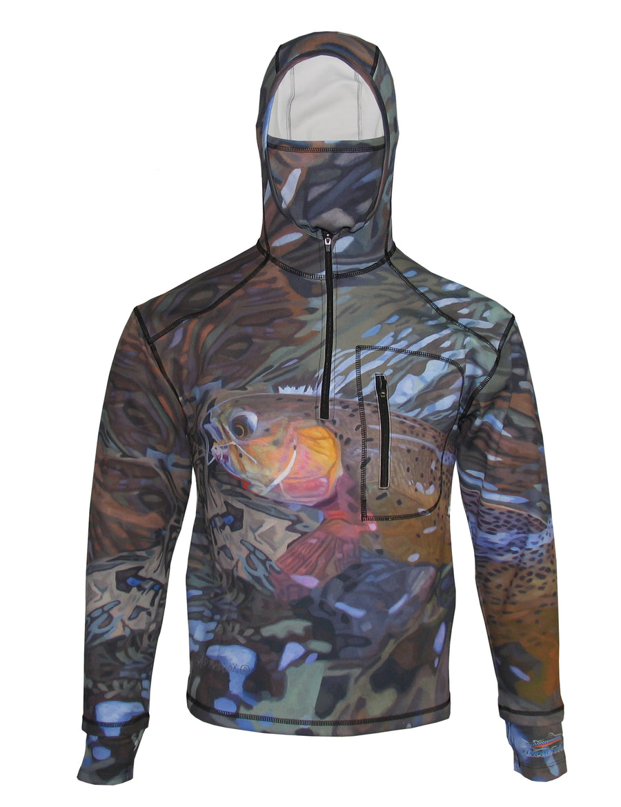 savage gear hoodie Fincognito FlexShell Hoodie 1/4-Zip Green Brown Fish Print Fly Fishing