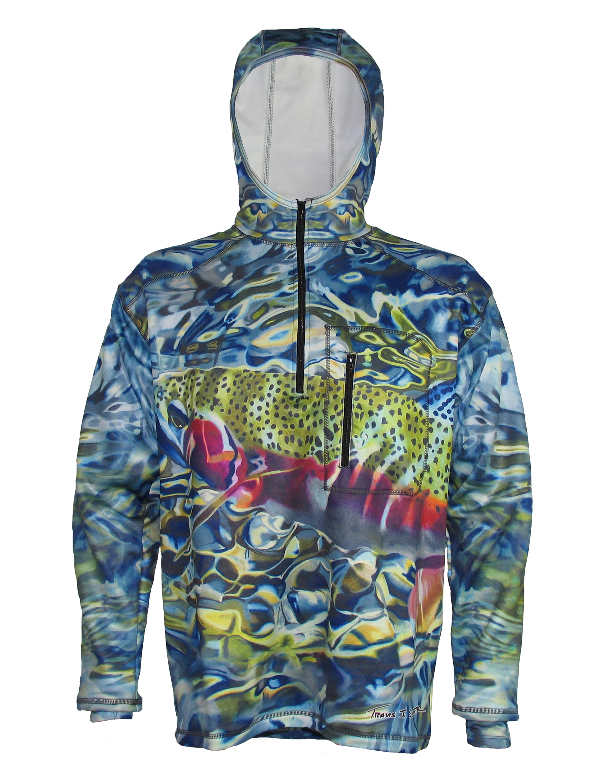 Fincognito Flexshell Hoodie 1/4-Zip Tranquility Fish Print Fly Fishing