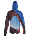Arch Climber shows a climber on Corona Arch outside of Moab.  Canyonlands graphic sun protective hoodie. Back view.