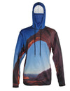 Arch Climber shows a climber on Corona Arch outside of Moab.  Canyonlands graphic sun protective hoodie.