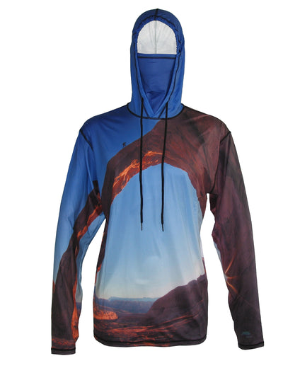 Arch Climber shows a climber on Corona Arch outside of Moab.  Canyonlands graphic sun protective hoodie.