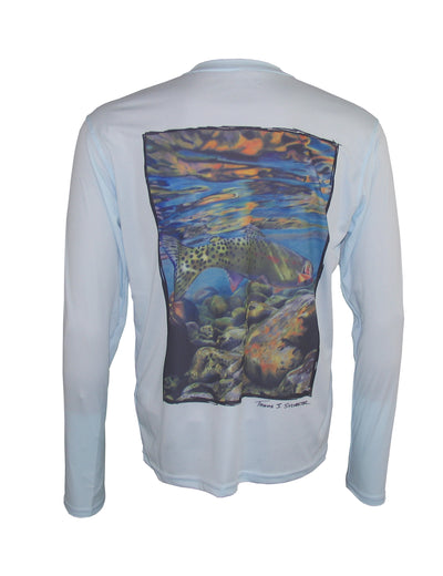 Wear this "Freestone" Cutthroat Trout sun protection fishing shirt for UPF50 solar performance. Back view.