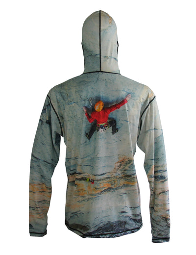 Big Wall shows a climber on the north face of the Eiger. Mountain graphic sun protective hoodie. Back view.