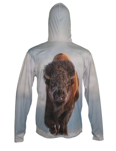 Bison graphic wildlife sun protective hoodie.  Wear an image from Yellowstone National Park. Back view.