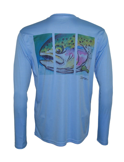 Wear this rainbow trout sun protection fishing shirt for UPF50 solar performance. Back view.
