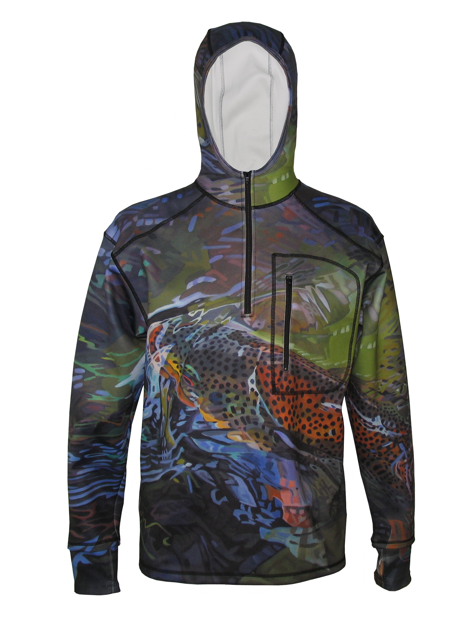 Fincognito Flexshell Hoodie 1/4-Zip Green Brown Fish Print Fly Fishing
