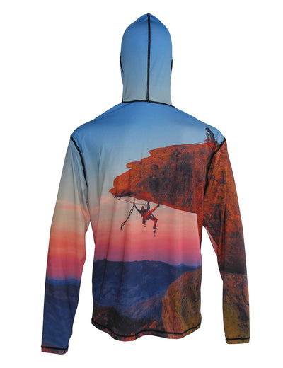 Climbers on "The Bill" of Mt. Lemon near Tucson.  SunPro hiking and climbing sun protection graphic hoodie. Back view.