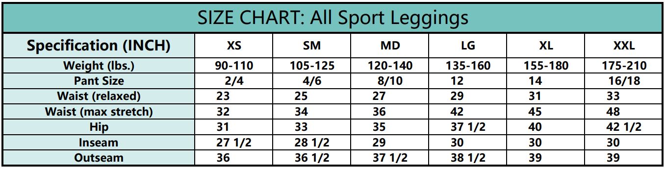 Cognito Brands Print Leggings Sizing Chart