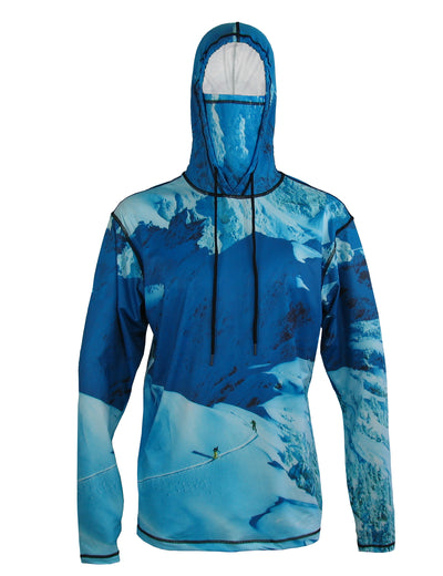 Making Tracks mountain graphic sun protective hoodie.  Skiing clothing.