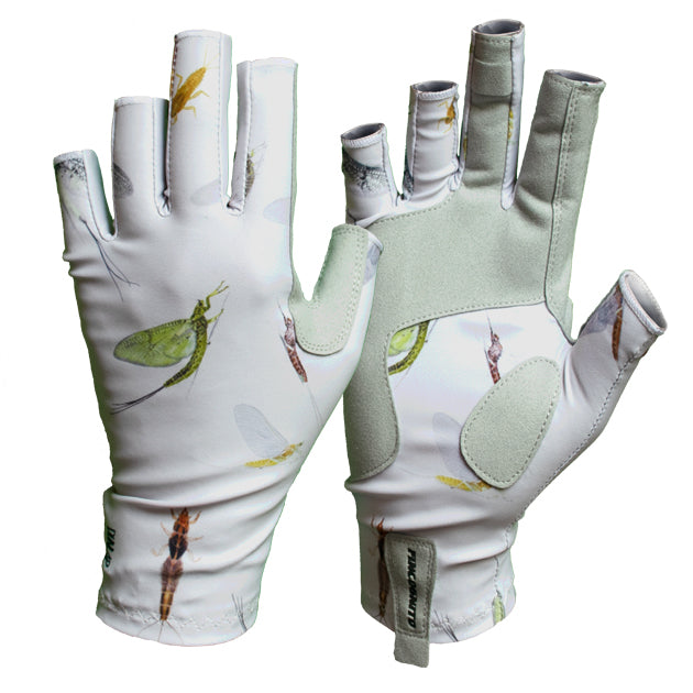 These mayfly print sun gloves offer UPF50 sun protection. Great for fishing during any mayfly hatch. Along with fly fishing and spin casting, these are great for hiking, mountain biking, kayaking, and other outdoor activities