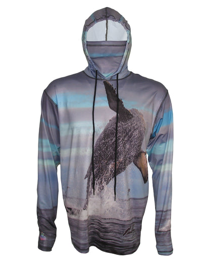 Breech Whale surfing hoodie offers sun protection with a built in face mask.  Perfect for a day at the beach or on the ocean.