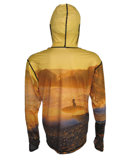 Golden Surfer surfing hoodie offers sun protection with a built in face mask.  Perfect for a day at the beach or on the ocean. Back view.