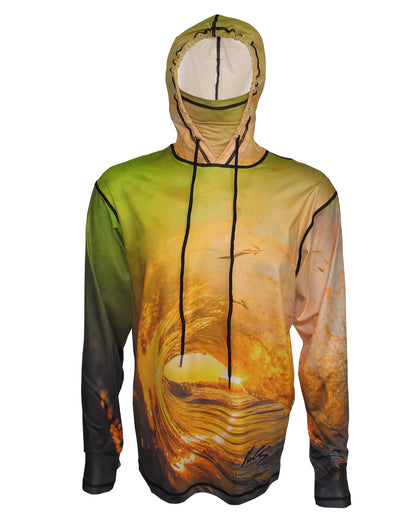 Golden Wave surfing hoodie offers sun protection with a built in face mask.  Perfect for a day at the beach or on the ocean.