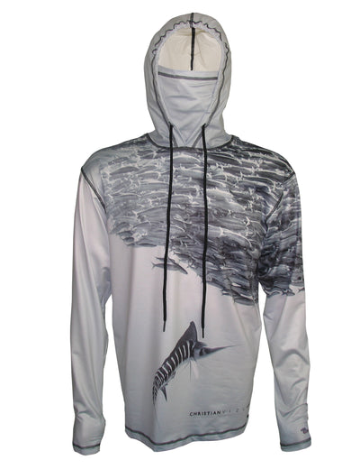 Striped Marlin surfing and diving beach hoodie offers sun protection with a built in face mask.  Perfect for a day at the beach or on the ocean.