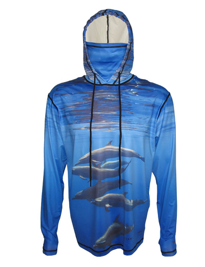 Porpoises surfing and diving hoodie offers sun protection with a built in face mask.  Perfect for a day at the beach or on the ocean.