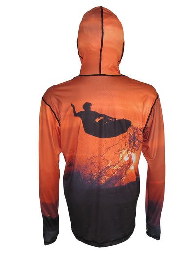 Sunset Surfer surfing and diving beach hoodie offers sun protection with a built in face mask.  Perfect for a day at the beach or on the ocean. Back View.