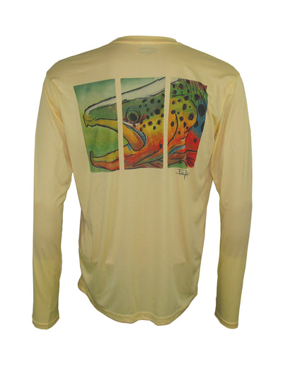 Wear this brown trout sun protection fishing shirt for UPF50 solar performance. Back View.