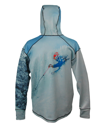 Pow 1/4 Zip Hoodie back view mountain clothing brand offers SPF Protection from harmful UV Rays.  Enjoy the picture hoodies or just spend a day skiing.