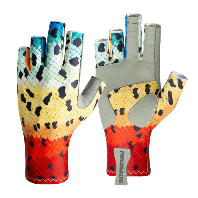 These Rainbow trout sun gloves offer UPF50 sun protection.  Fish art by AD Maddox.  Along with fly fishing and spin casting, these are great for hiking, mountain biking, kayaking, and other outdoor activities.