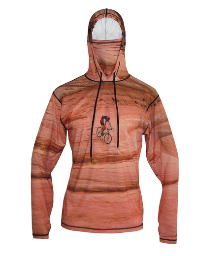 Slick Rock UPF50 SunPro Mountain Graphic Hoodie shows a mountainbiker near Moab and Arches National Park.