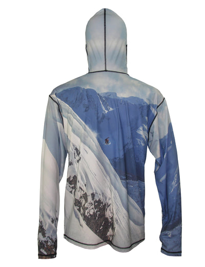 Snowboarder#2 SunPro Hoodie back view mountain clothing brand offers SPF Protection from harmful UV Rays.  Enjoy the picture hoodies or just spend a day skiing.