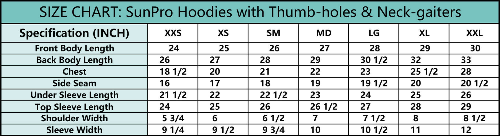 SunPro Surf and Dive Beach Ocean Apparel Sizing Chart