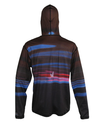 The Snack Sunpro Hoodie with AD Maddox painting is a fishing clothing brand and offers SPF Protection from harmful UV Rays. Great for a fishing lifestyle and to spend a day on the water fishing. Back view.