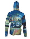 Took The One Sunpro Hoodie with an AD Maddox painting doubles as running clothes or fly fishing apparel, either is perfect river or trail. Back veiw.